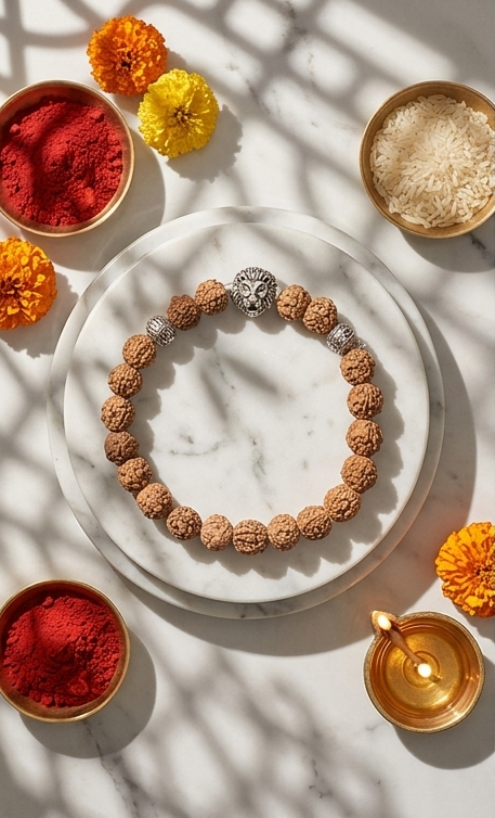 Collage of a bracelet on a marble surface with incense, flowers, and candles in a warm setting.