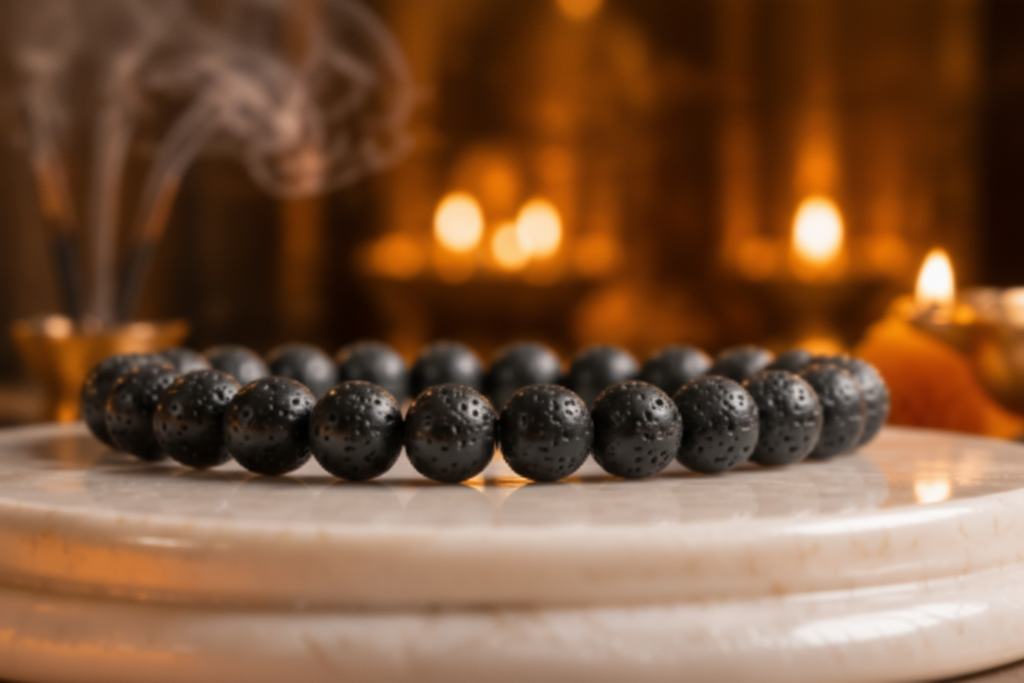 Collage of black beaded bracelets on a marble surface with decorative elements.