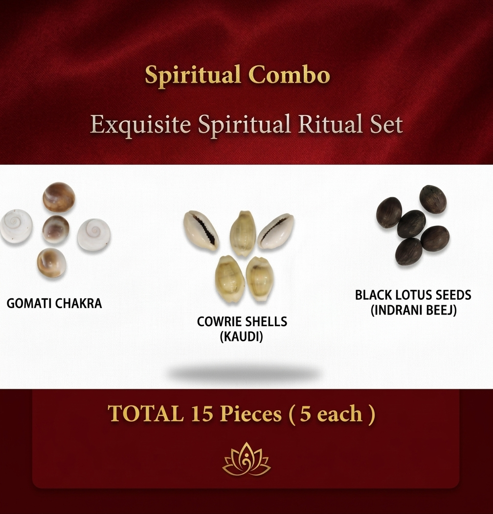 Spiritual Combo for Puja: Gomati Chakra, Cowrie Shells & Black Lotus Seeds (15 Pcs)