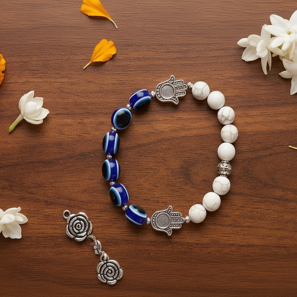 Collage of a bracelet with decorative elements on a wooden surface, featuring the brand 'Svasti'.