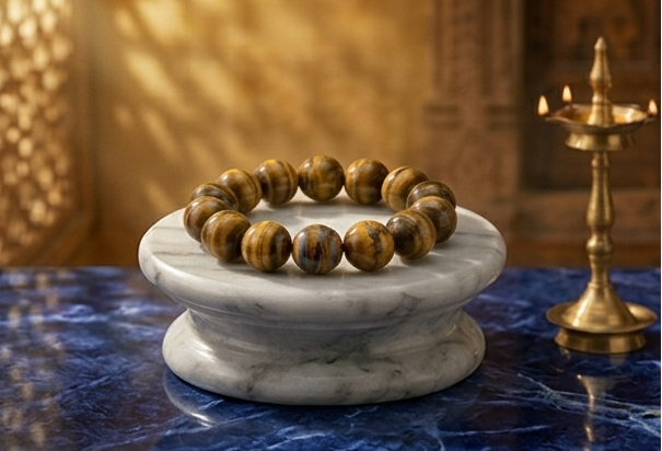 Bracelet on a marble stand with decorative items on a table