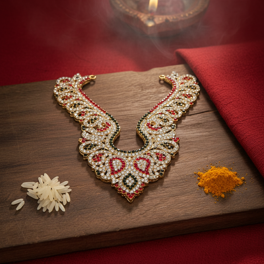 A decorative stone kavai haara with mosaic metal back, featuring geometric and floral patterns in red, green, and gold colors.