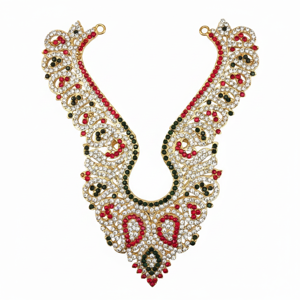 A decorative stone kavai haara with mosaic metal back, featuring geometric and floral patterns in red, green, and gold colors.