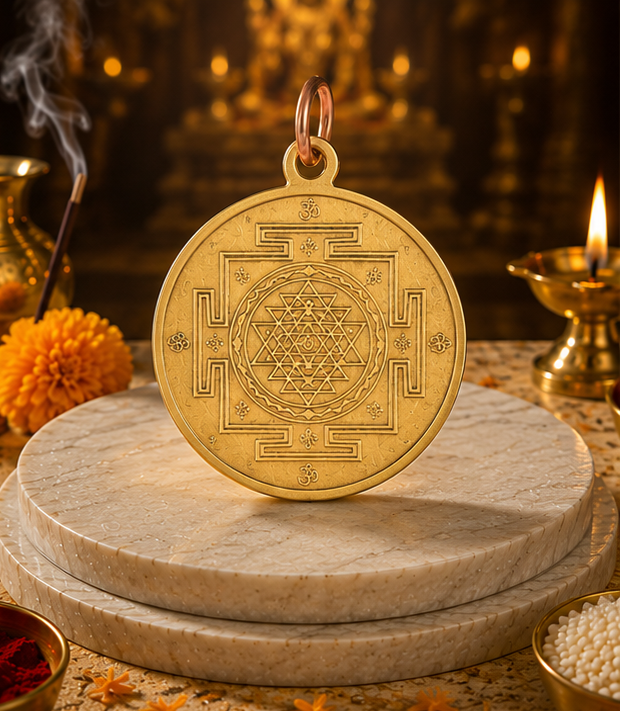 Gold pendant with religious figure on a stone platform, surrounded by decorative elements.