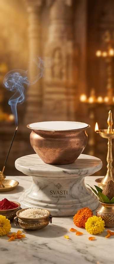 Collage of a decorative setup with a copper pot, plates, and flowers on a marble surface.