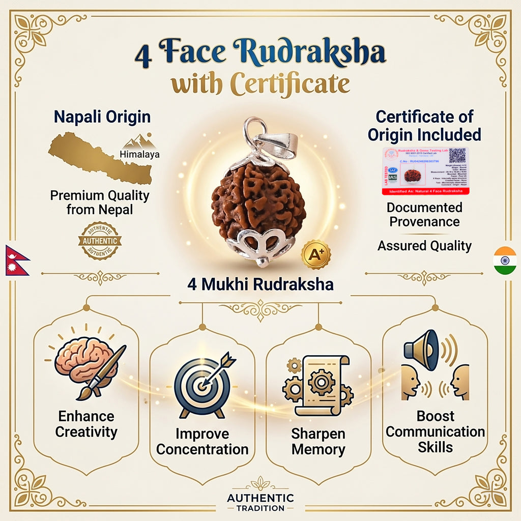 4 Mukhi Rudraksha pendant with certificate of origin on a decorative background