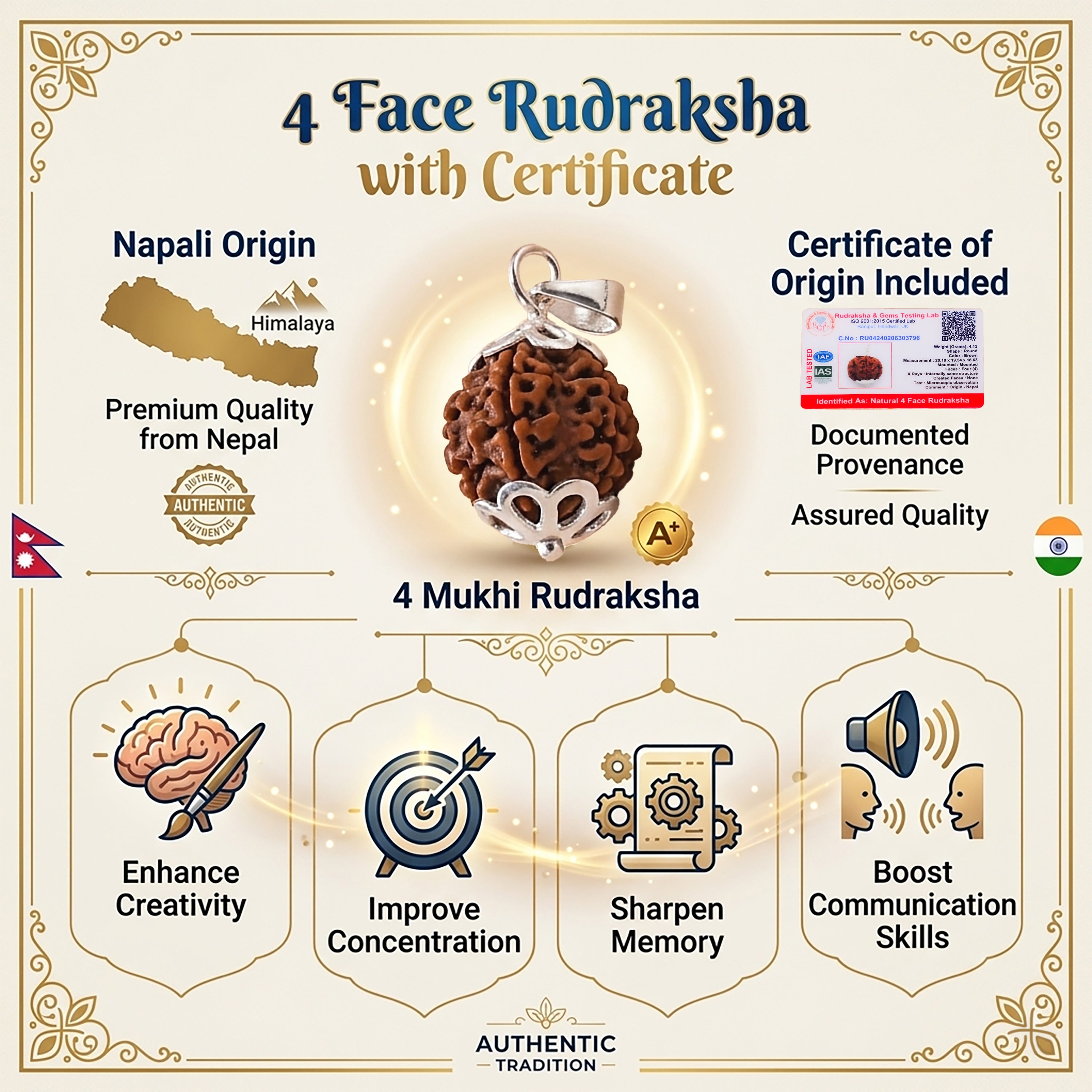 4 Mukhi Rudraksha pendant with certificate of origin on a decorative background