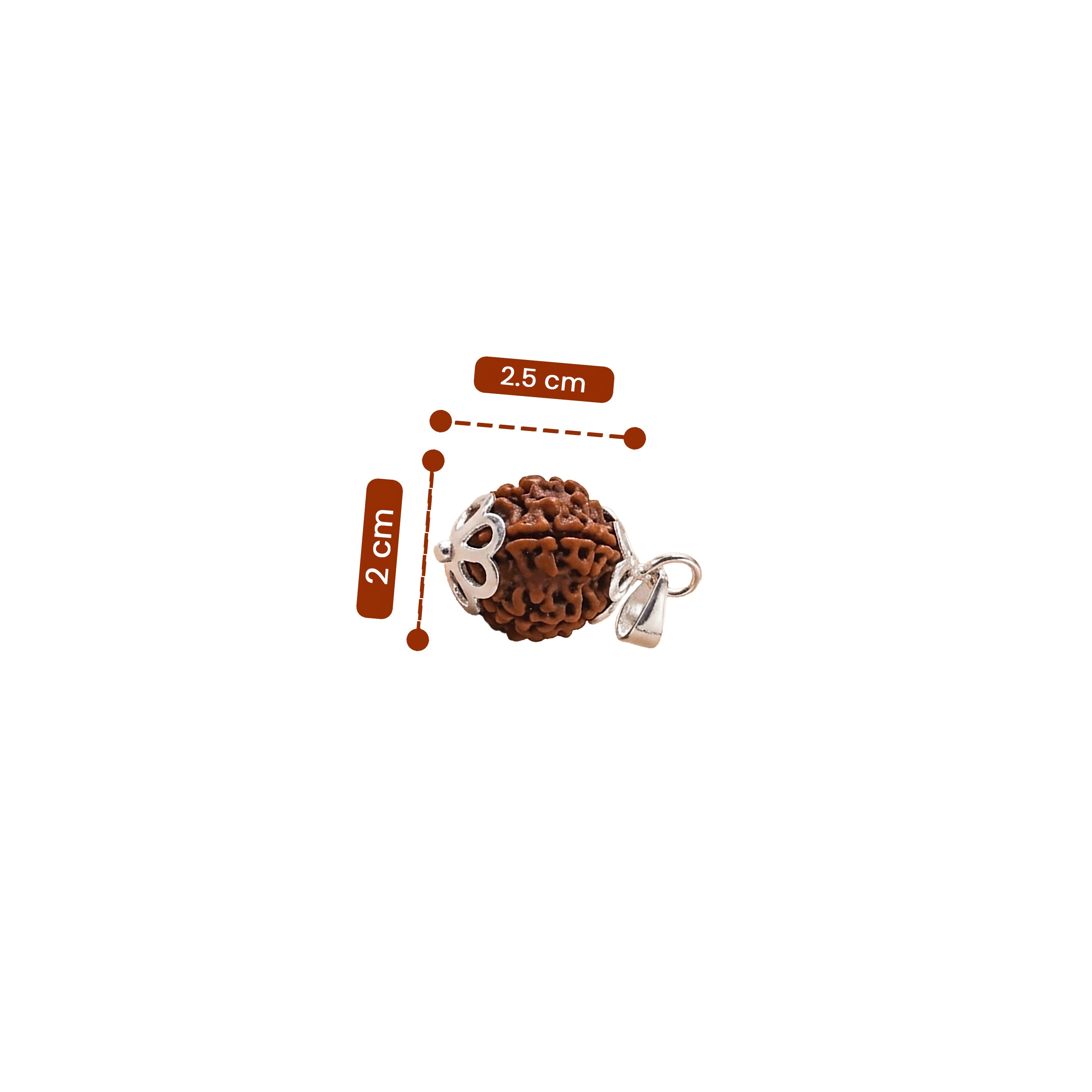 Brown beaded pendant with silver charm and measurement labels on a white background