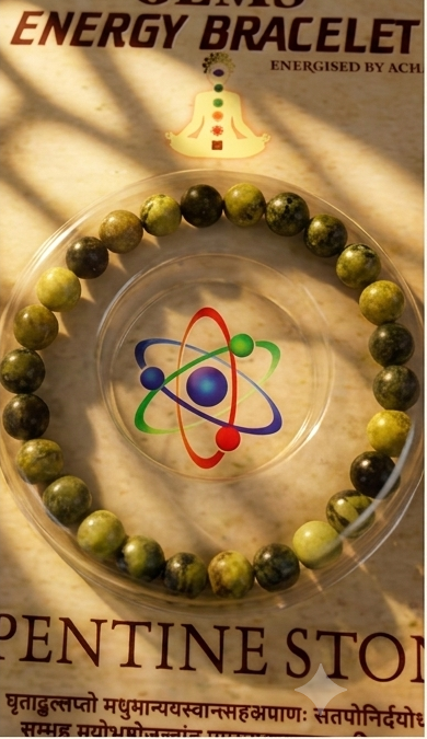Gems Energy Bracelet packaging with serpentinite stone on a decorative background