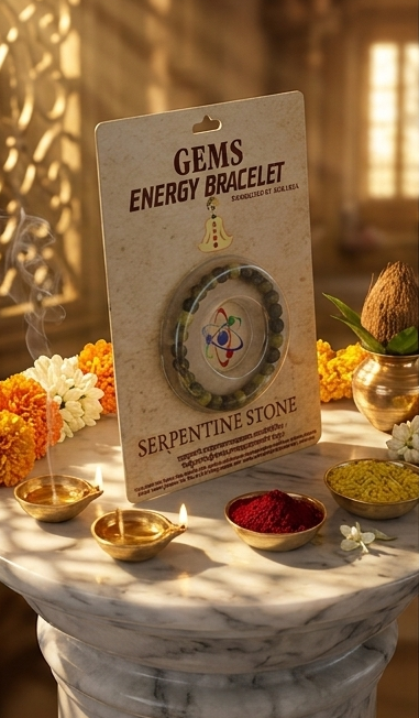 Gems Energy Bracelet packaging with serpentinite stone on a decorative background