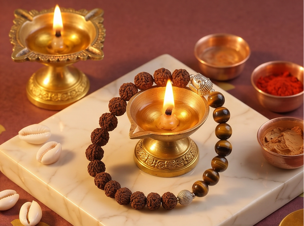 Collage of decorative items including a bracelet, diya, and statue on a textured surface.
