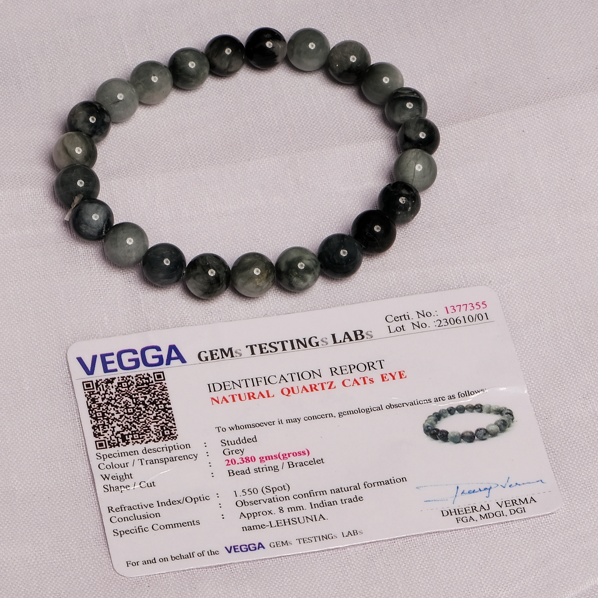 Natural Quartz Cats Eye Grey Beads Bracelet