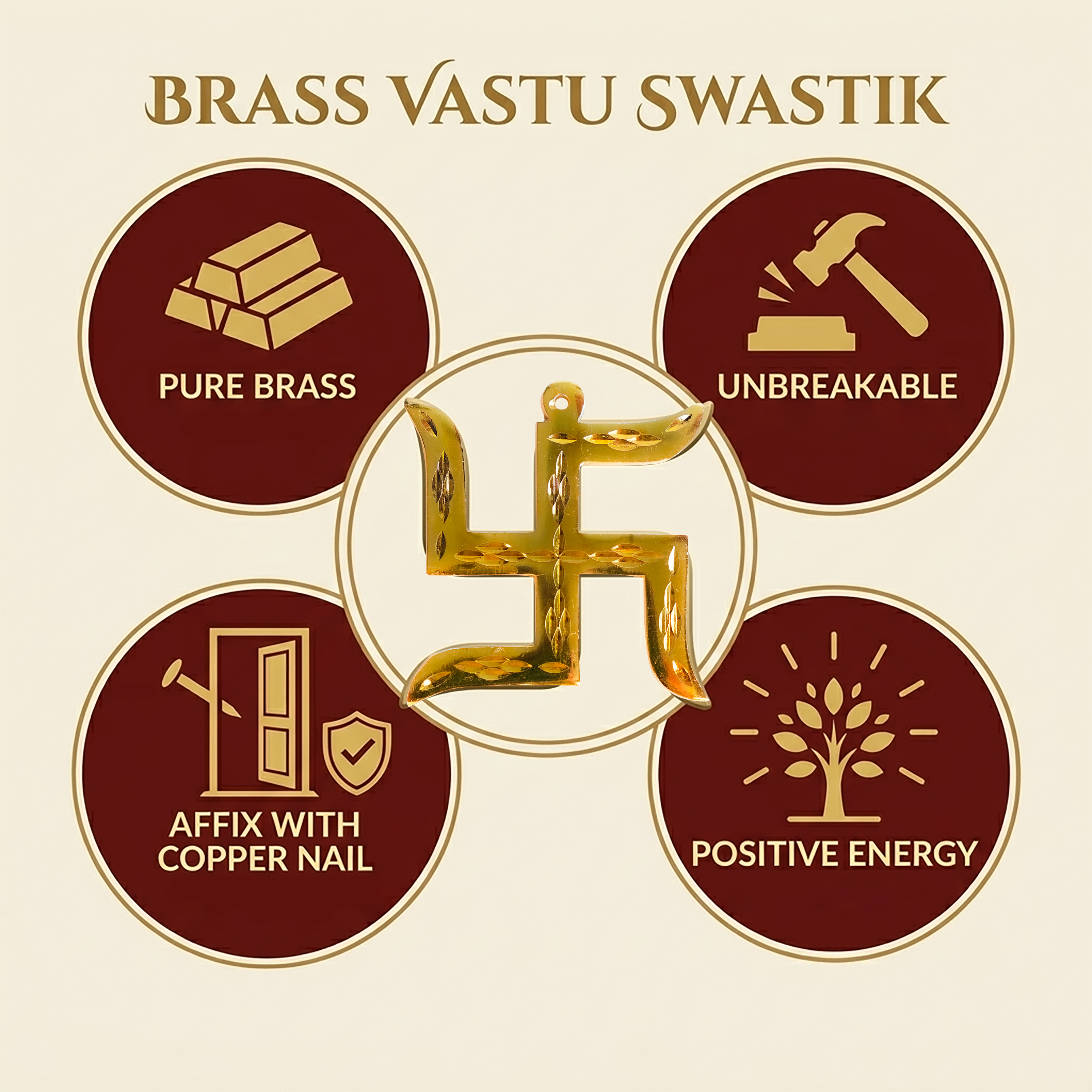 Brass Vastu Swastik with icons indicating properties like 'Pure Brass', 'Unbreakable', 'Affix with Copper Nail', and 'Positive Energy' on a beige background.