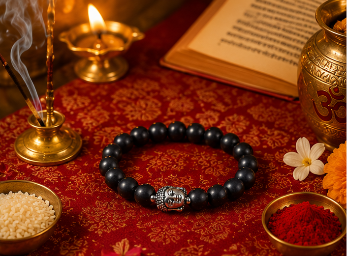 Black beaded bracelet with silver clasp on a marble stand, surrounded by decorative items.
