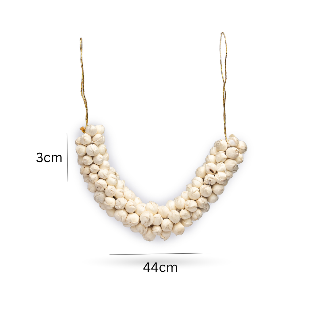 White beaded necklace with measurements on a white background