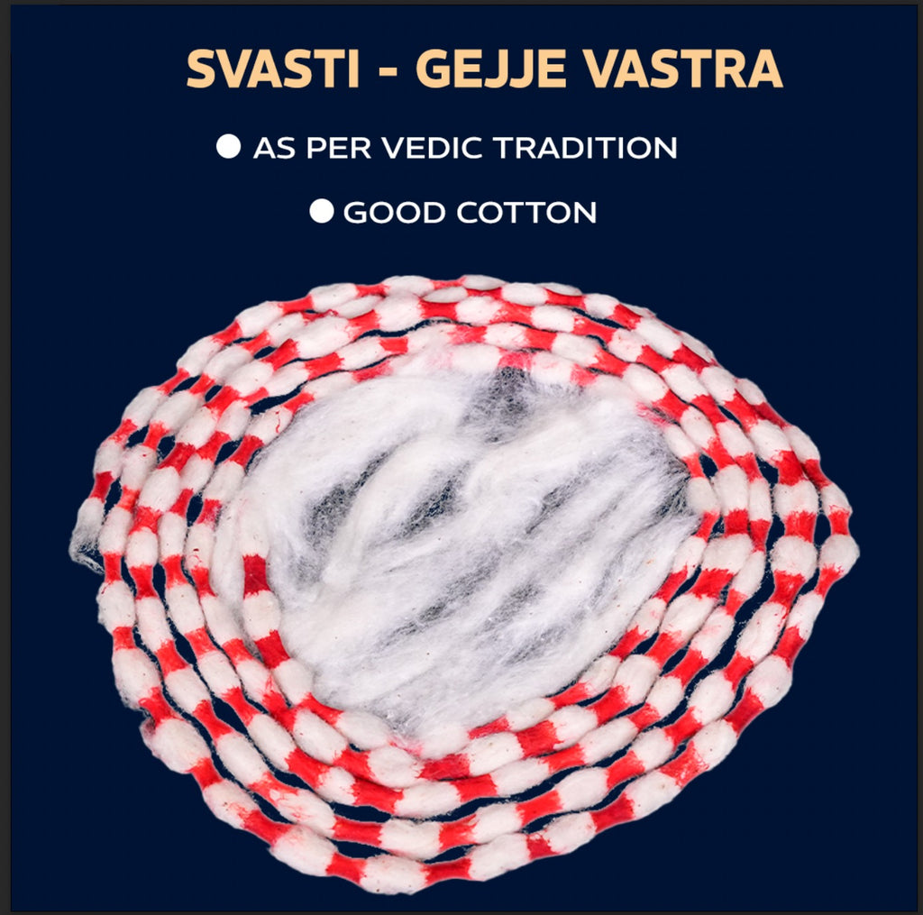 Red and white cotton thread with text about Vedic tradition and good cotton quality on a dark blue background.