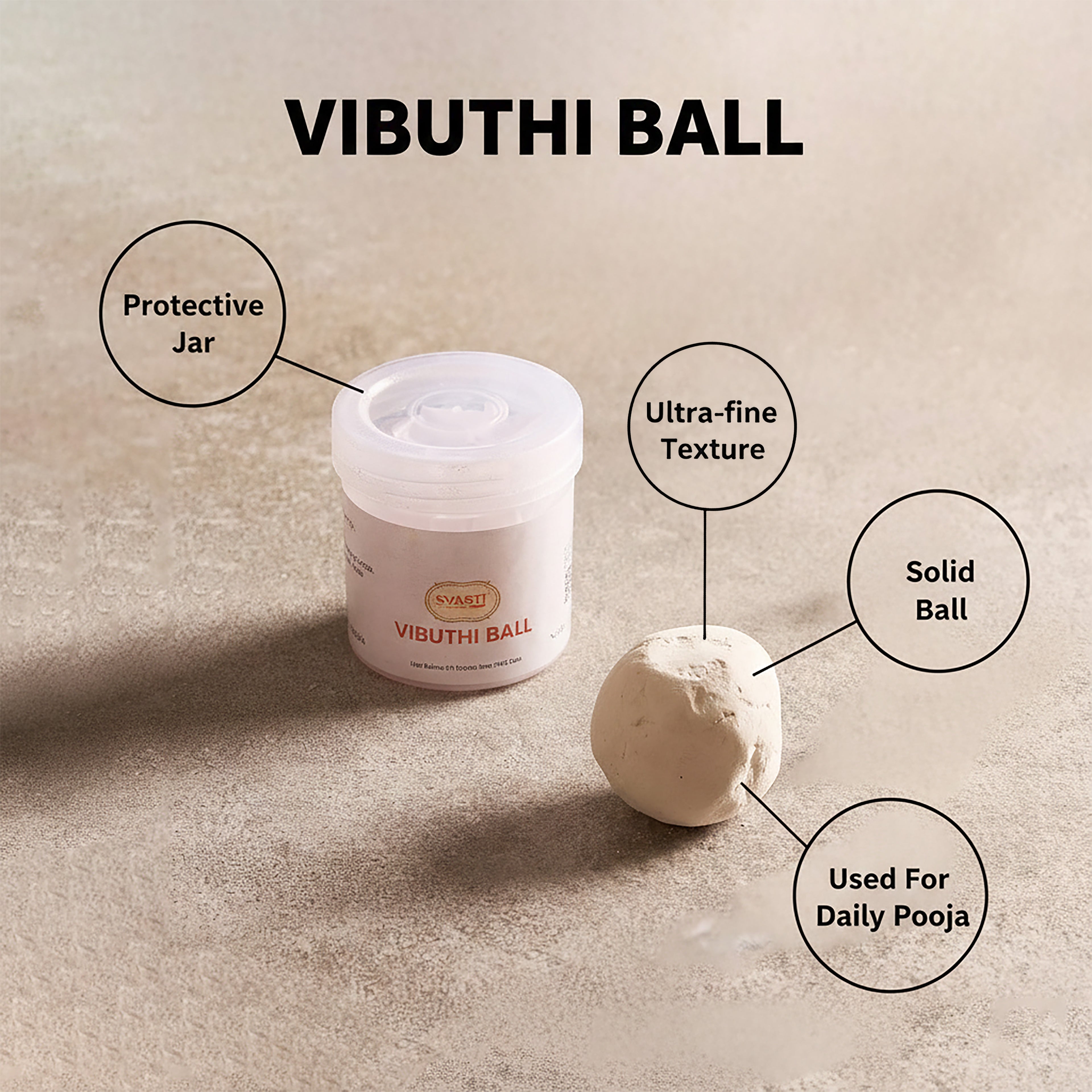 Vibuthi ball with a protective jar on a beige background, labeled for features.