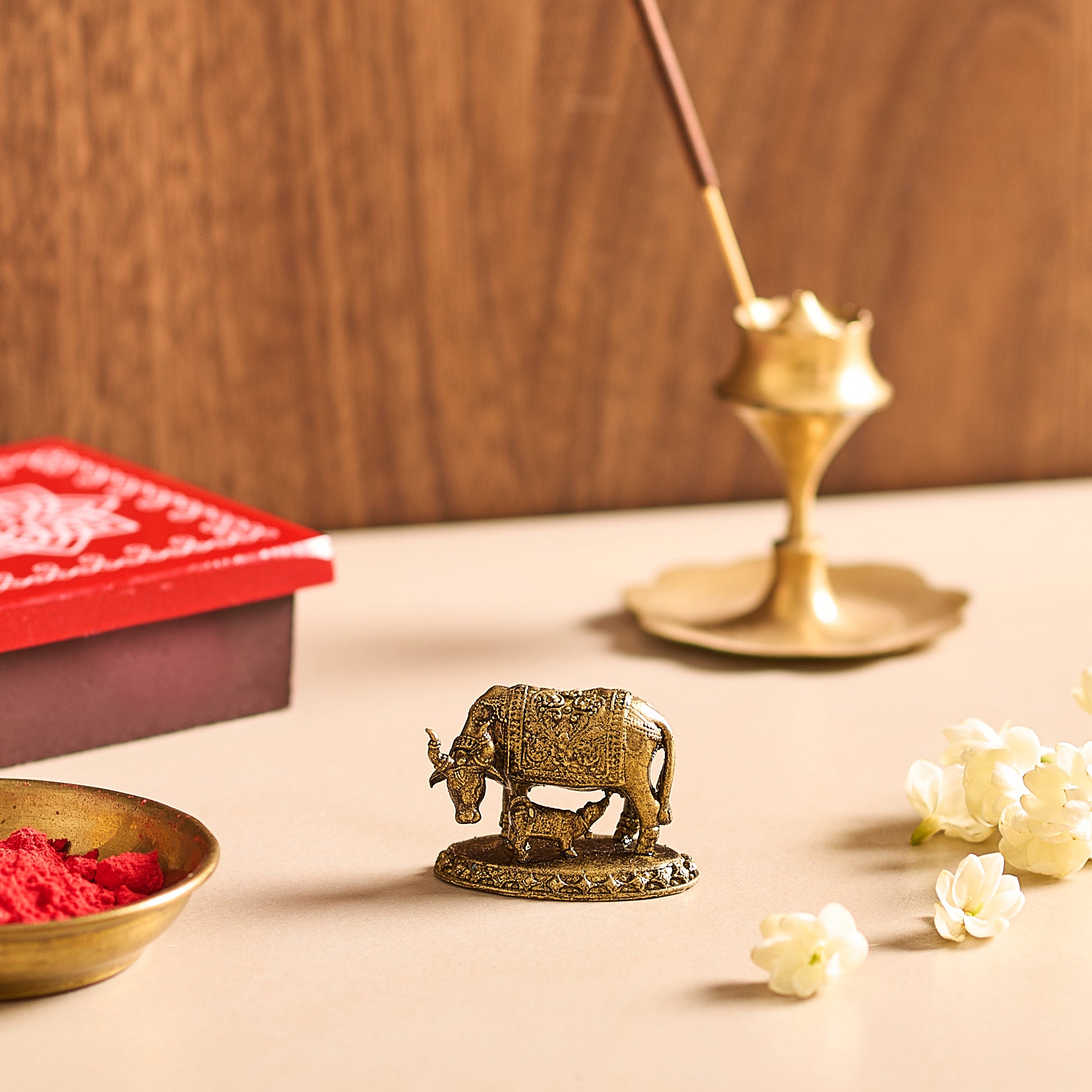 Brass Kamadhenu Cow and Calf Idol.