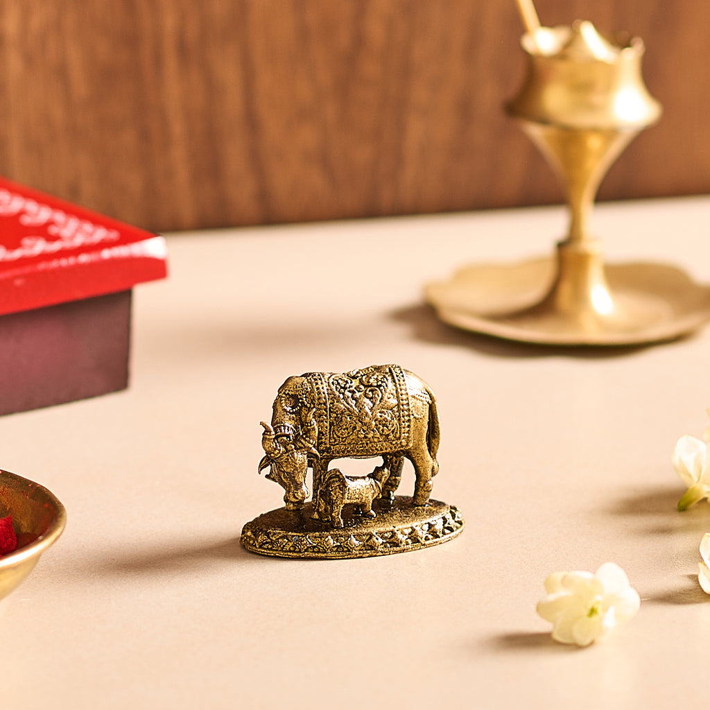 Brass Kamadhenu Cow and Calf Idol.