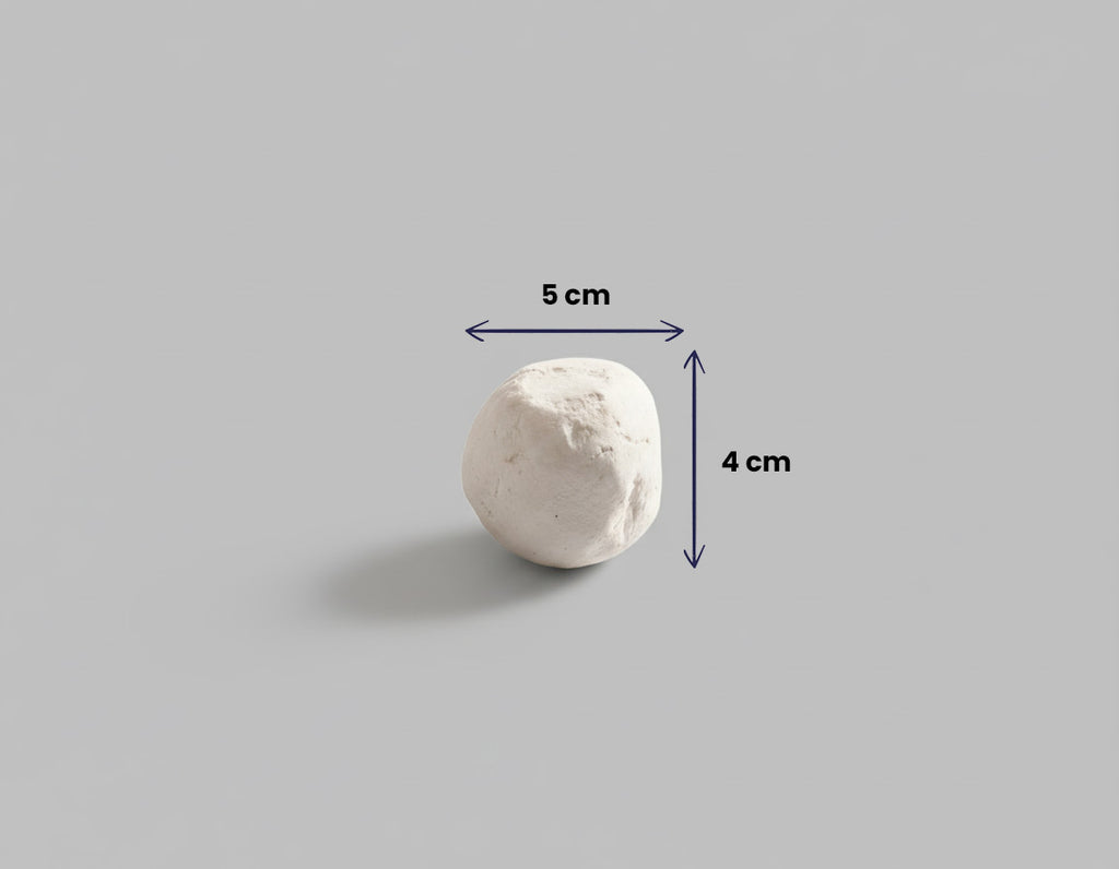 White stone with dimensions labeled on a gray background