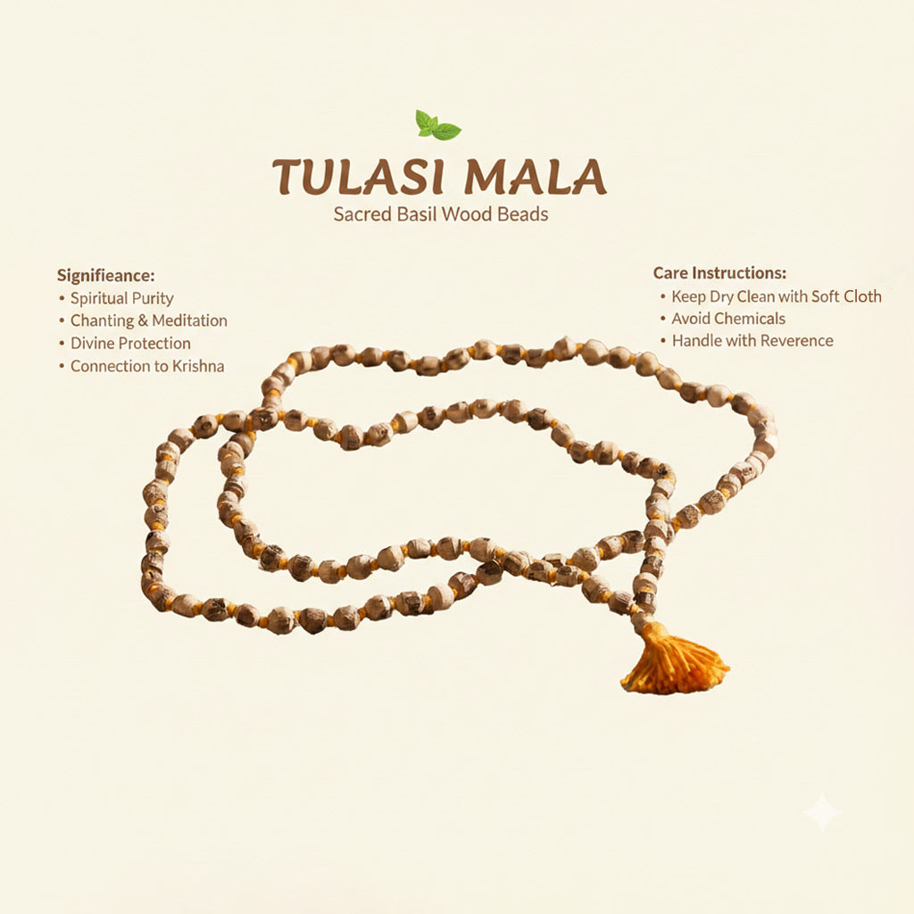 Tulasi Mala with basil wood beads on a beige background
