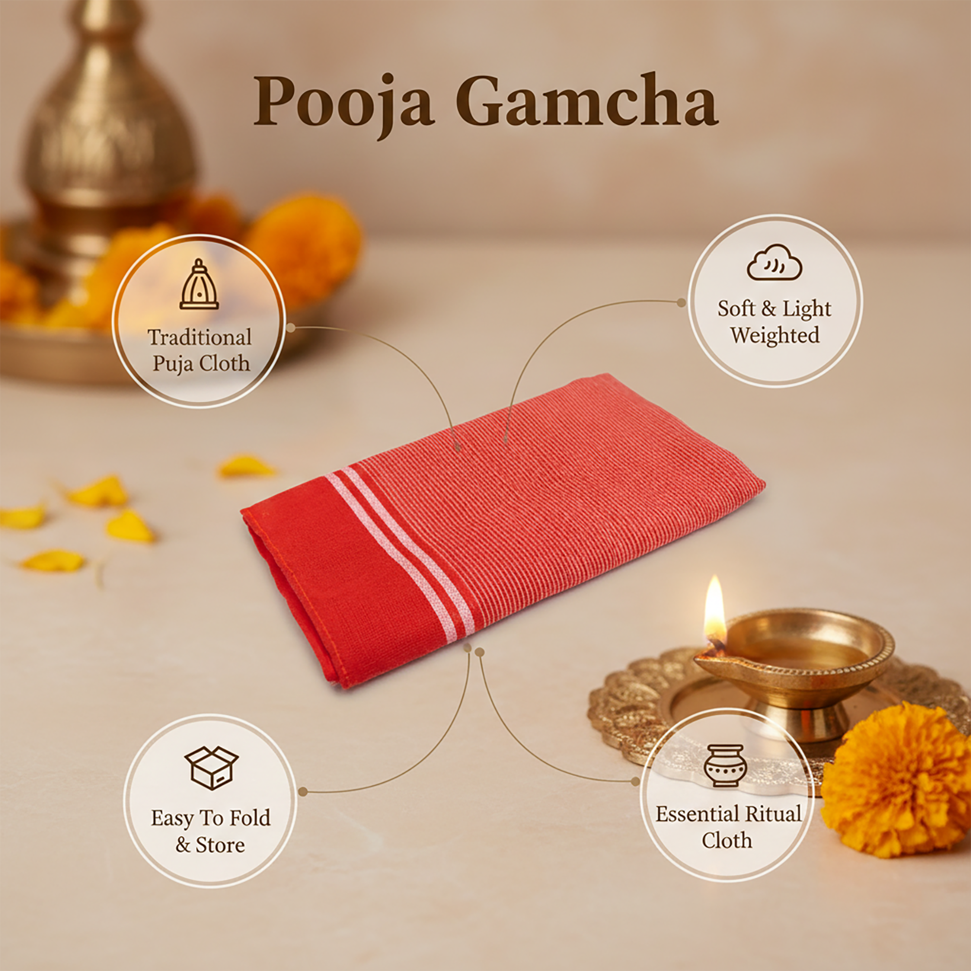 Red Puja cloth with decorative elements on a beige background