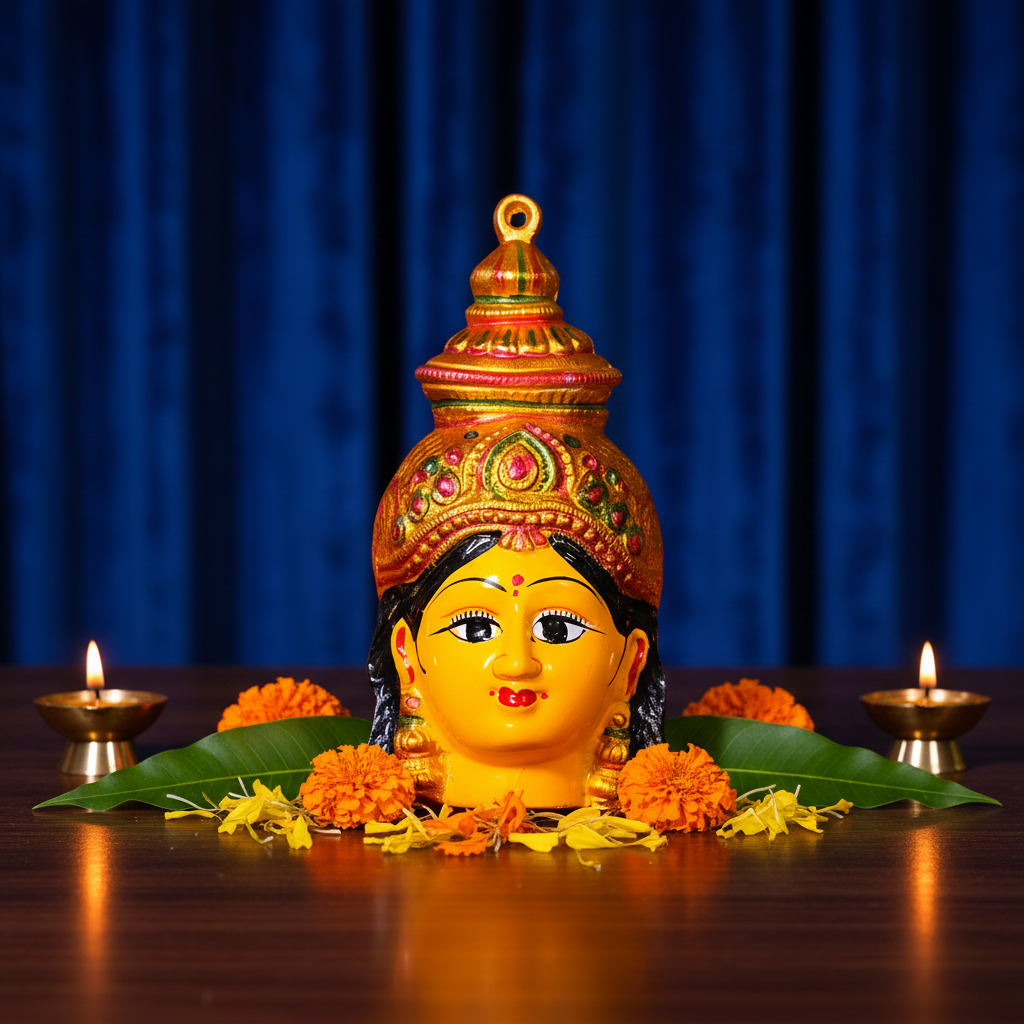 Decorative item resembling a face with a crown on a red surface with candles.