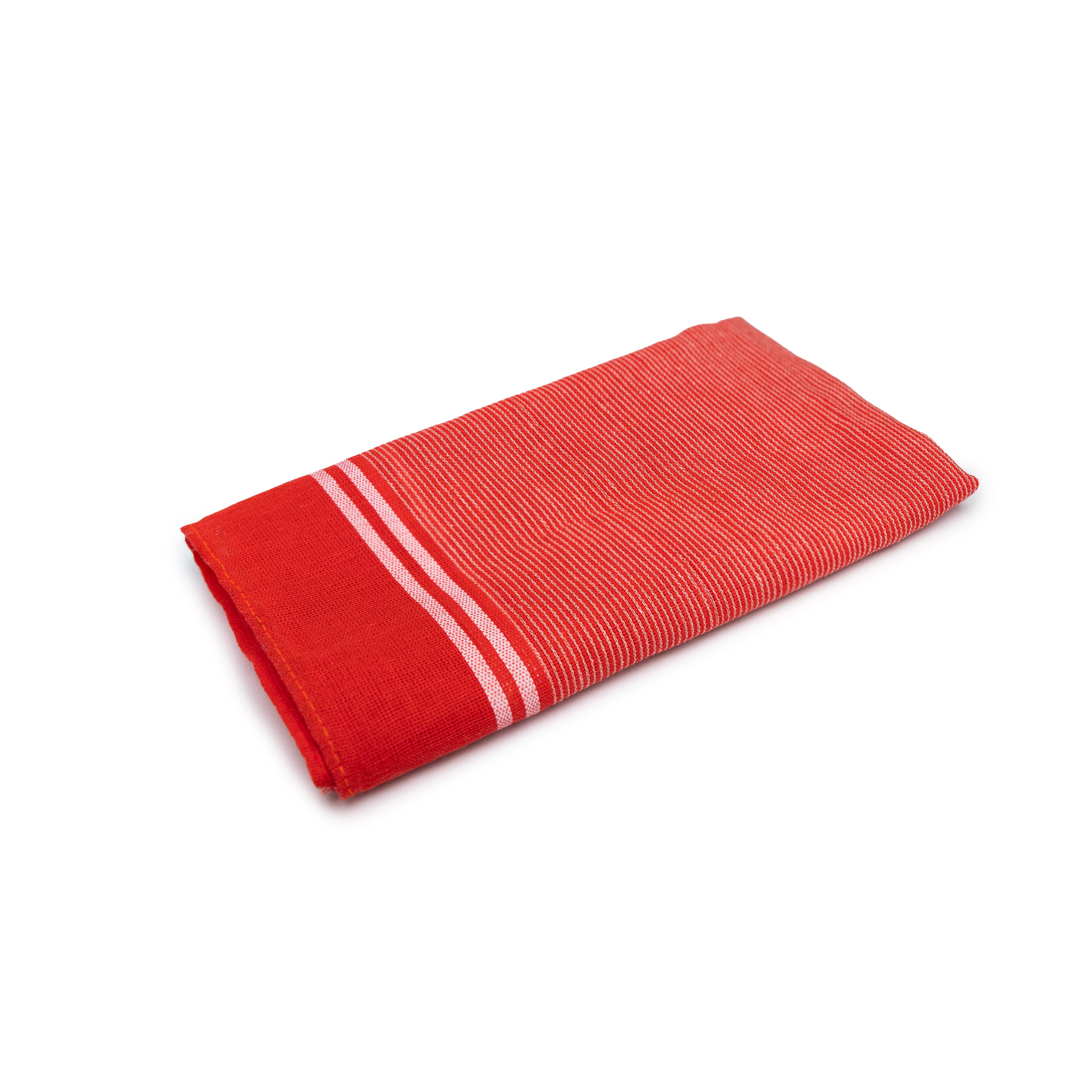 Folded red towel with white stripes on a white background