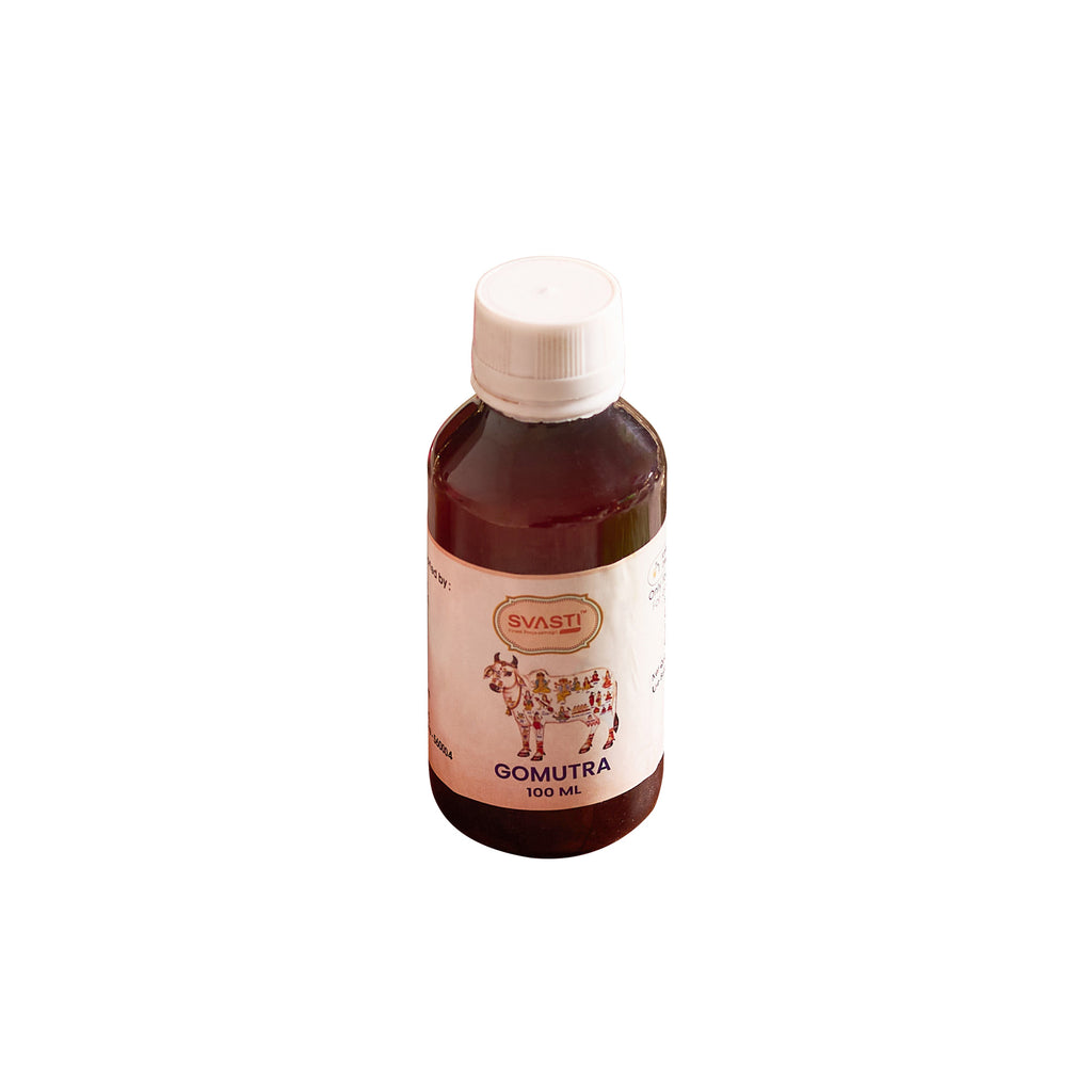 Bottle of Svasti Gomutra on a white background