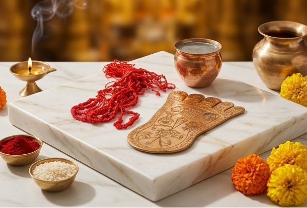 Collage of images showing a wooden foot mold, red thread, and decorative items on a marble surface with a warm background.