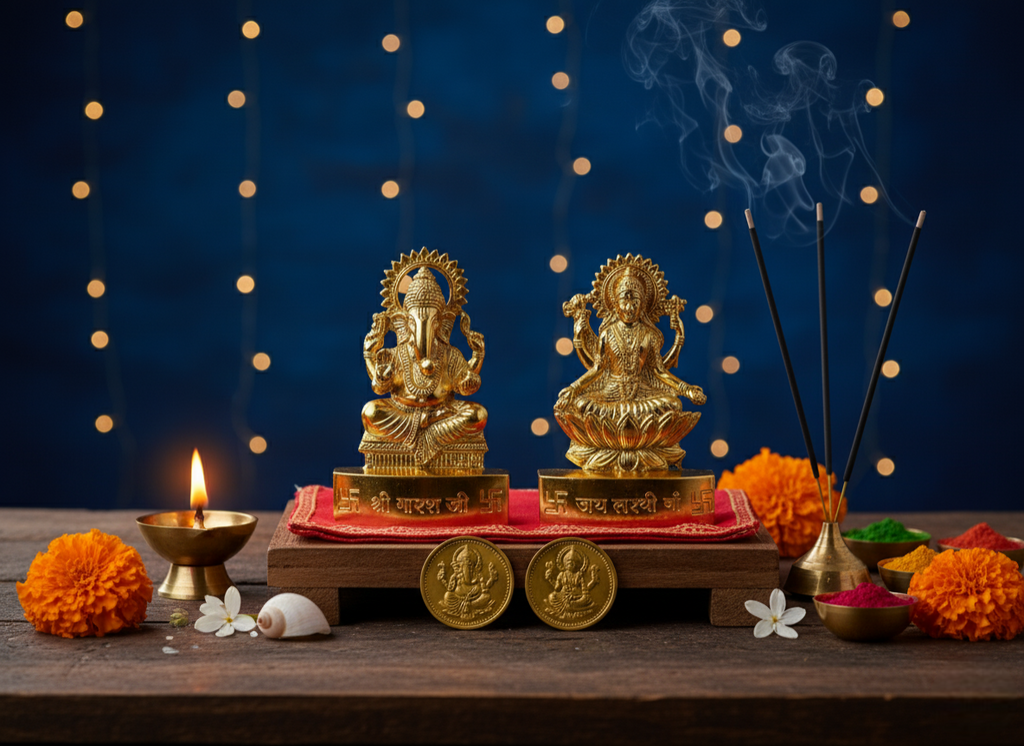 Gold statues on a wooden platform with flowers, candles, and incense sticks against a dark blue background.