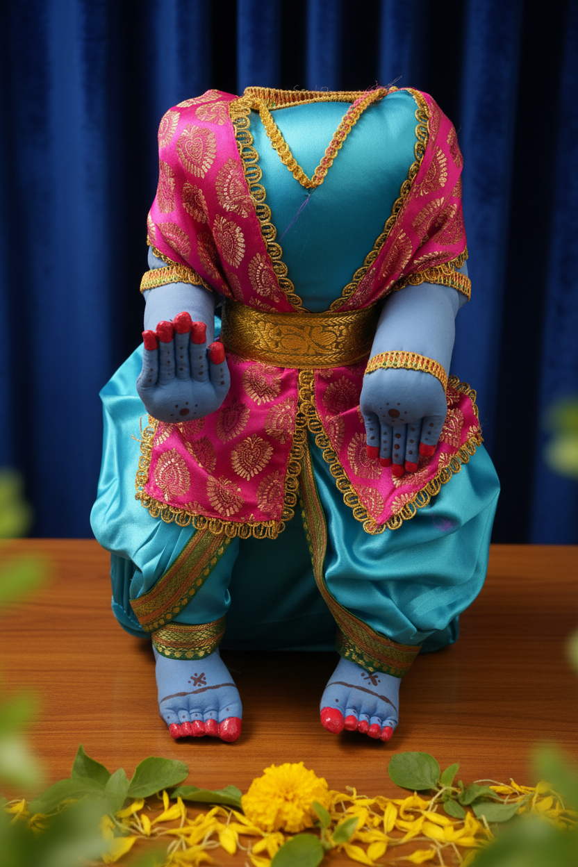 The image shows a Vishnu idol without a face, dressed in a colorful outfit with gold and pink details, and blue feet.