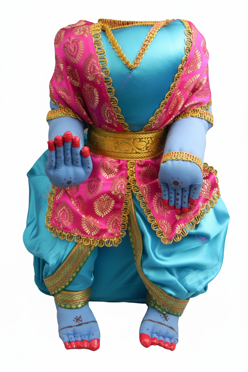 The image shows a Vishnu idol without a face, dressed in a colorful outfit with gold and pink details, and blue feet.