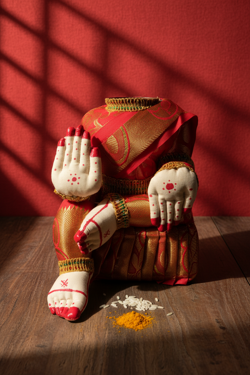A decorative seated figurine dressed in a red and gold traditional outfit with white hands and red painted fingernails, placed on a wooden surface against a red wall with diagonal shadow patterns.