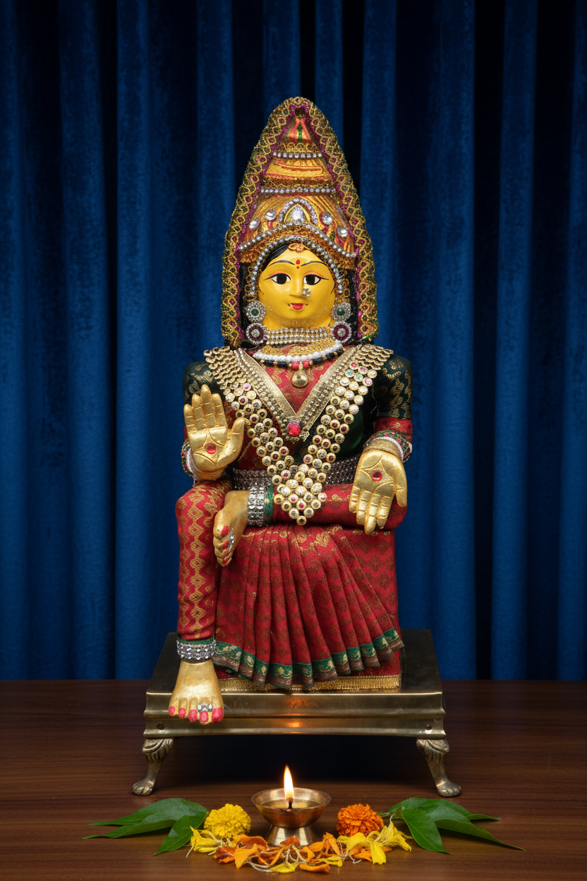 A seated decorative figurine of a woman in ornate traditional jewelry and a red skirt, shown against a dark gray gradient background.