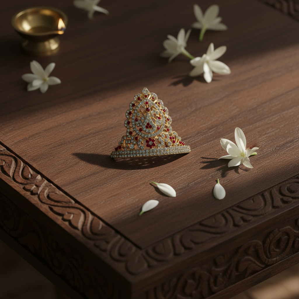 A small ornate jewelry piece with a gold-toned base and dense white, red, and blue gemstone detailing sits on a carved dark wooden surface, surrounded by scattered white flowers.