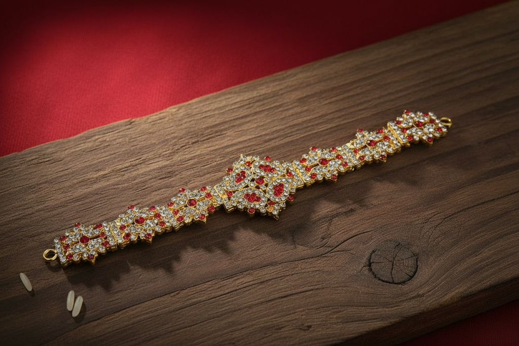 A traditional Indian stone dabu waist belt used in temples, featuring red and white stones with gold-colored metal casing.
