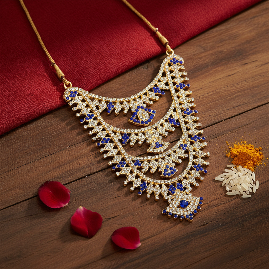 A multicolored stone necklace with metallic embellishments and blue stones, displayed against a red background.
