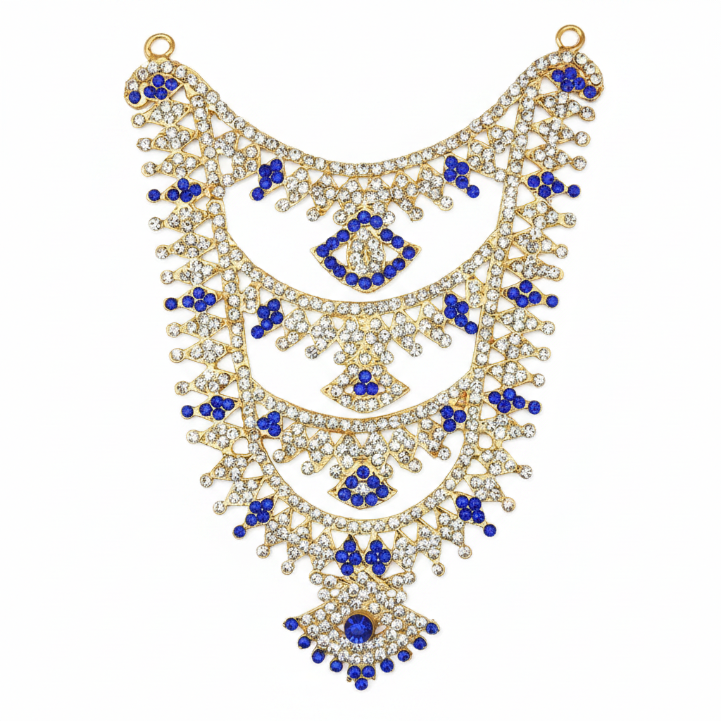 A multicolored stone necklace with metallic embellishments and blue stones, displayed against a red background.