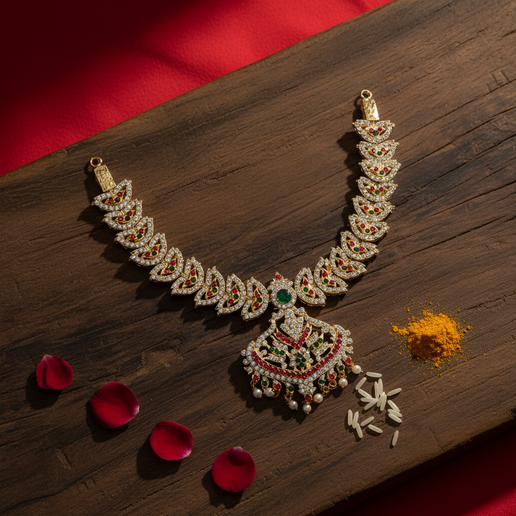 A multicolored stone necklace with intricate metalwork and pearl accents displayed against a red background.