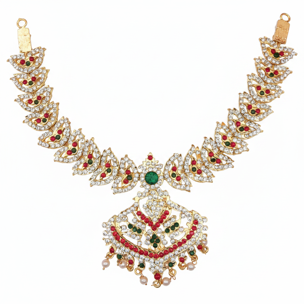 A multicolored stone necklace with intricate metalwork and pearl accents displayed against a red background.