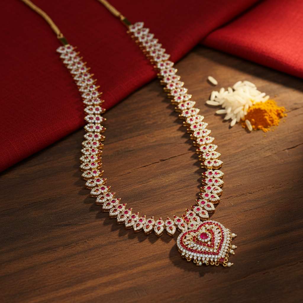 A multicolored stone necklace with floral patterns and a heart-shaped pendant, displayed against a green background.