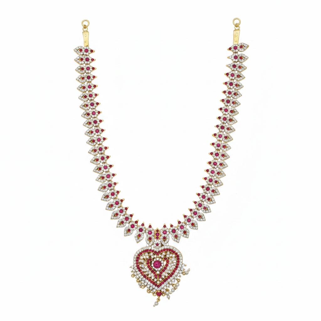 A multicolored stone necklace with floral patterns and a heart-shaped pendant, displayed against a green background.