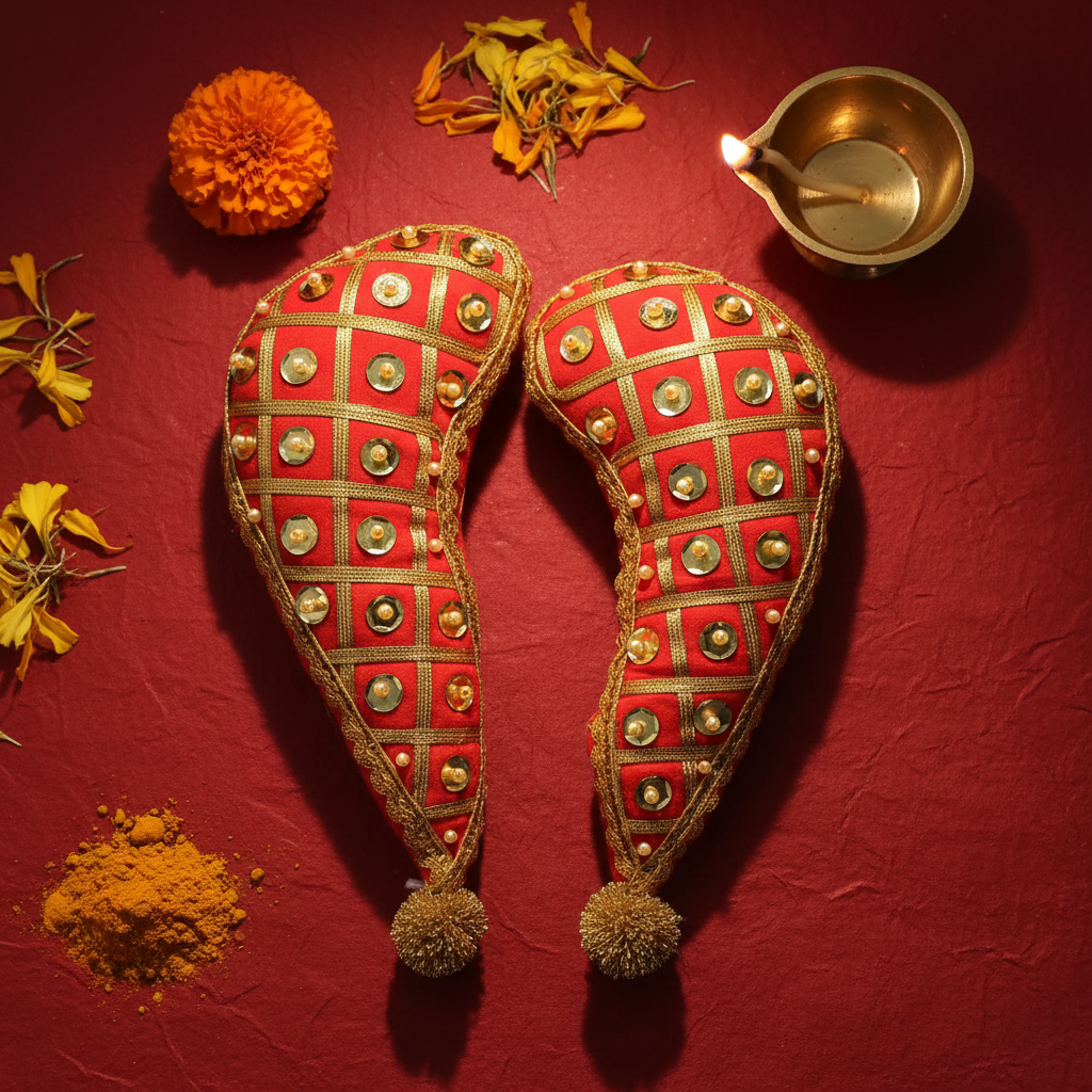A red and green fabric tomala with golden and silver beadwork, used for hanging as a decoration.