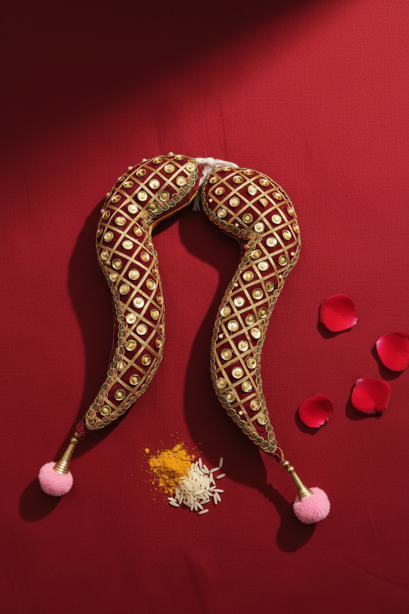 A traditional Indian tomala, with red and gold coloring and adorned with small bell-like embellishments, displayed against a green background.