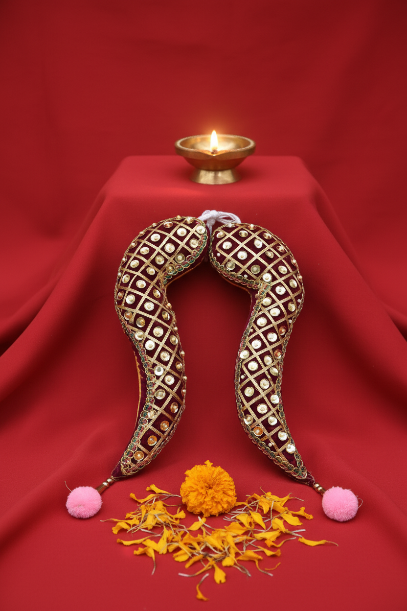 Decorative headband with gold and red patterns on a green background