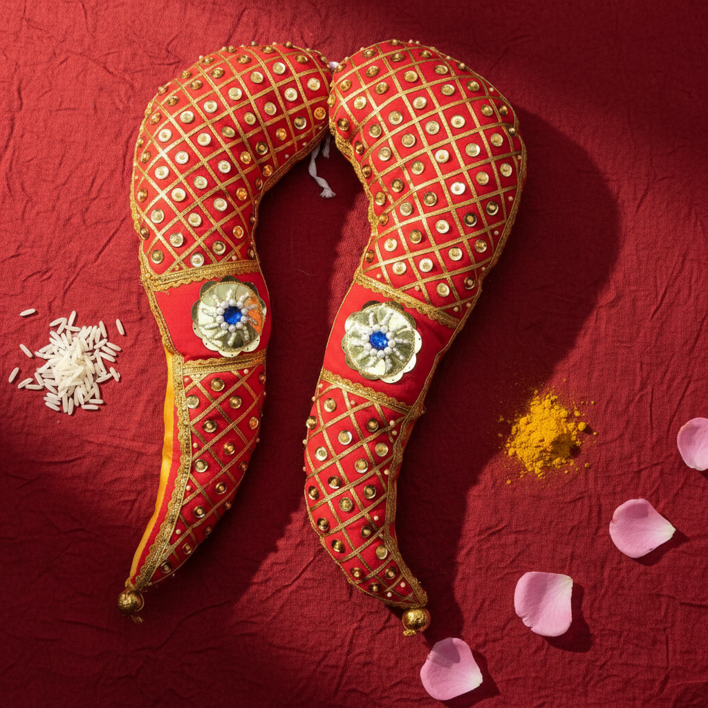 A pair of red and yellow fabric tomalas with golden embellishments and tassels, used for idol decoration.