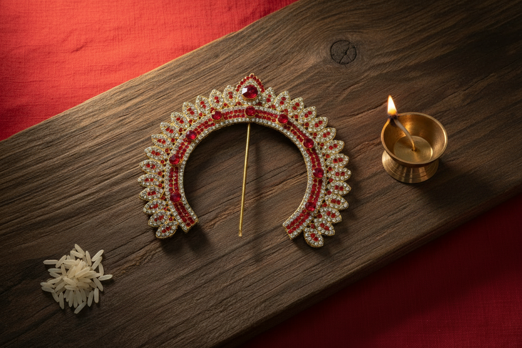 A multicolored stone arch with a golden base and red details, designed for use in temple decorations.
