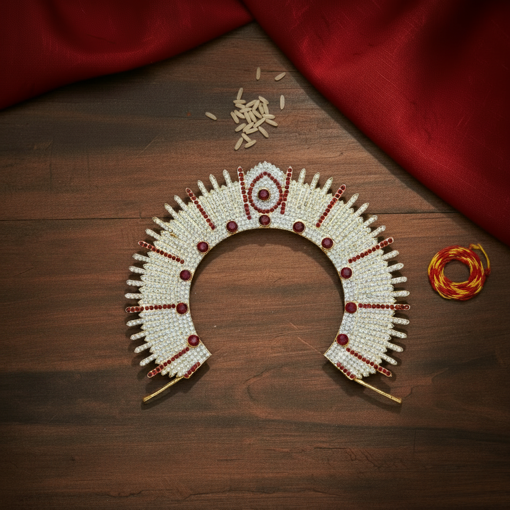 A beaded traditional headpiece or crown displayed on a dark wooden surface, decorated with white beads, red accents, and gold-toned details, with red fabric draped in the background and small decorative elements nearby.