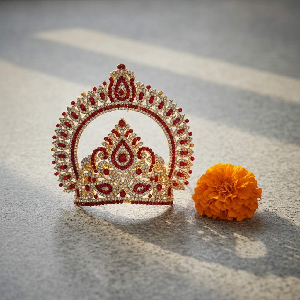 An ornate gold and white rhinestone tiara crown with red gemstone accents, displayed against a dark gray gradient background.